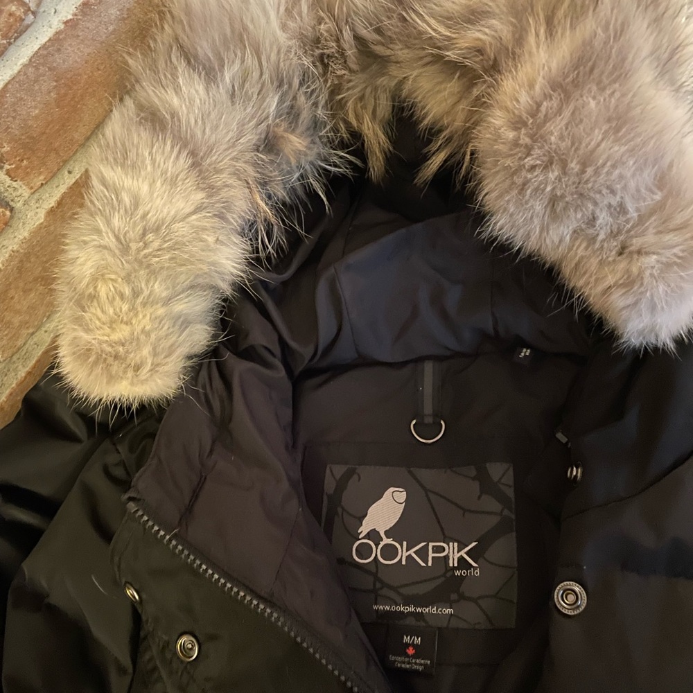Black puffer coat with hooded fur.